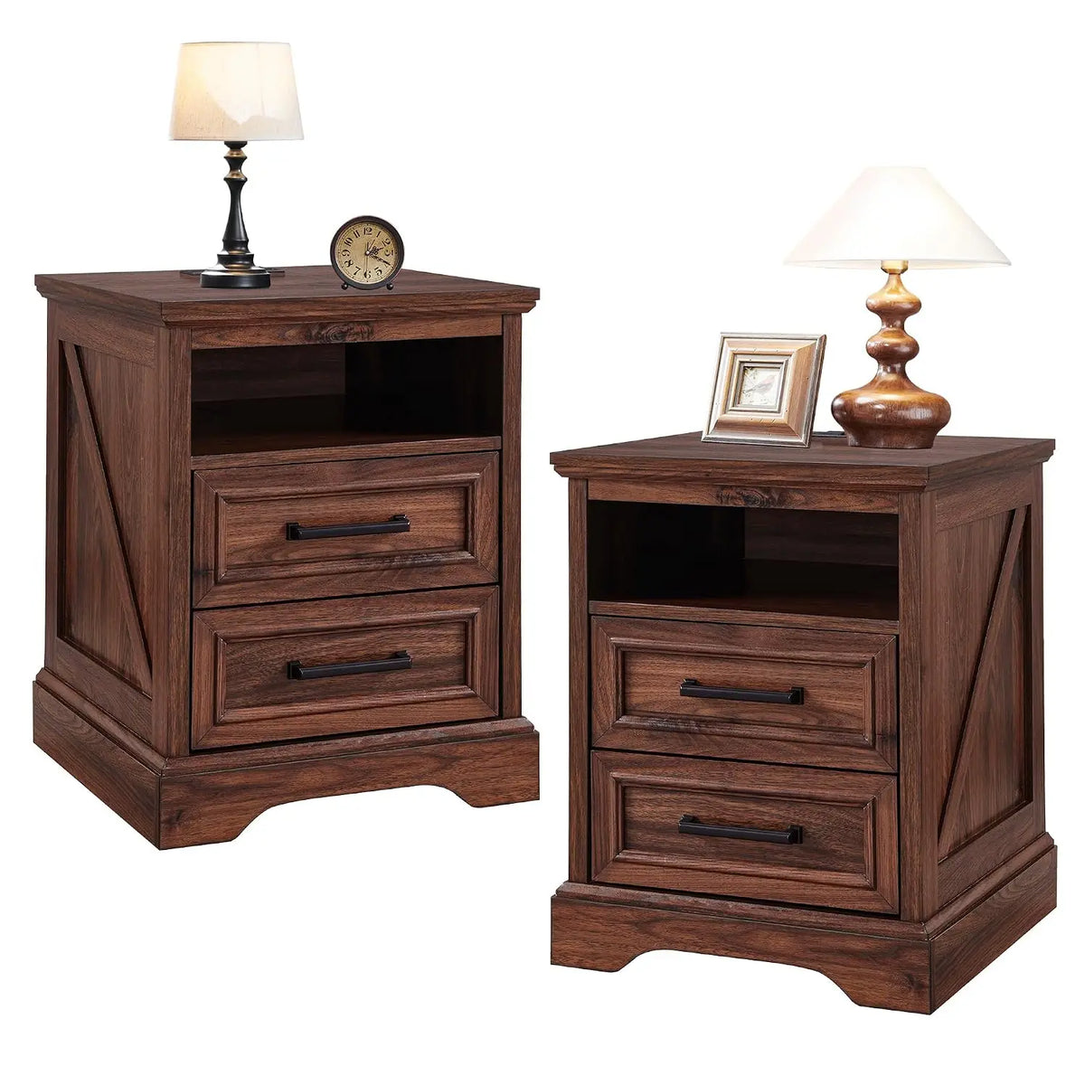 Farmhouse Nightstands Featuring Two Storage Drawers And Charging Station