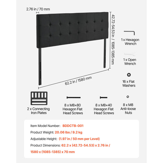 SucceBuy Diamond Tufted Adjustable Height Headboard For Modern Beds