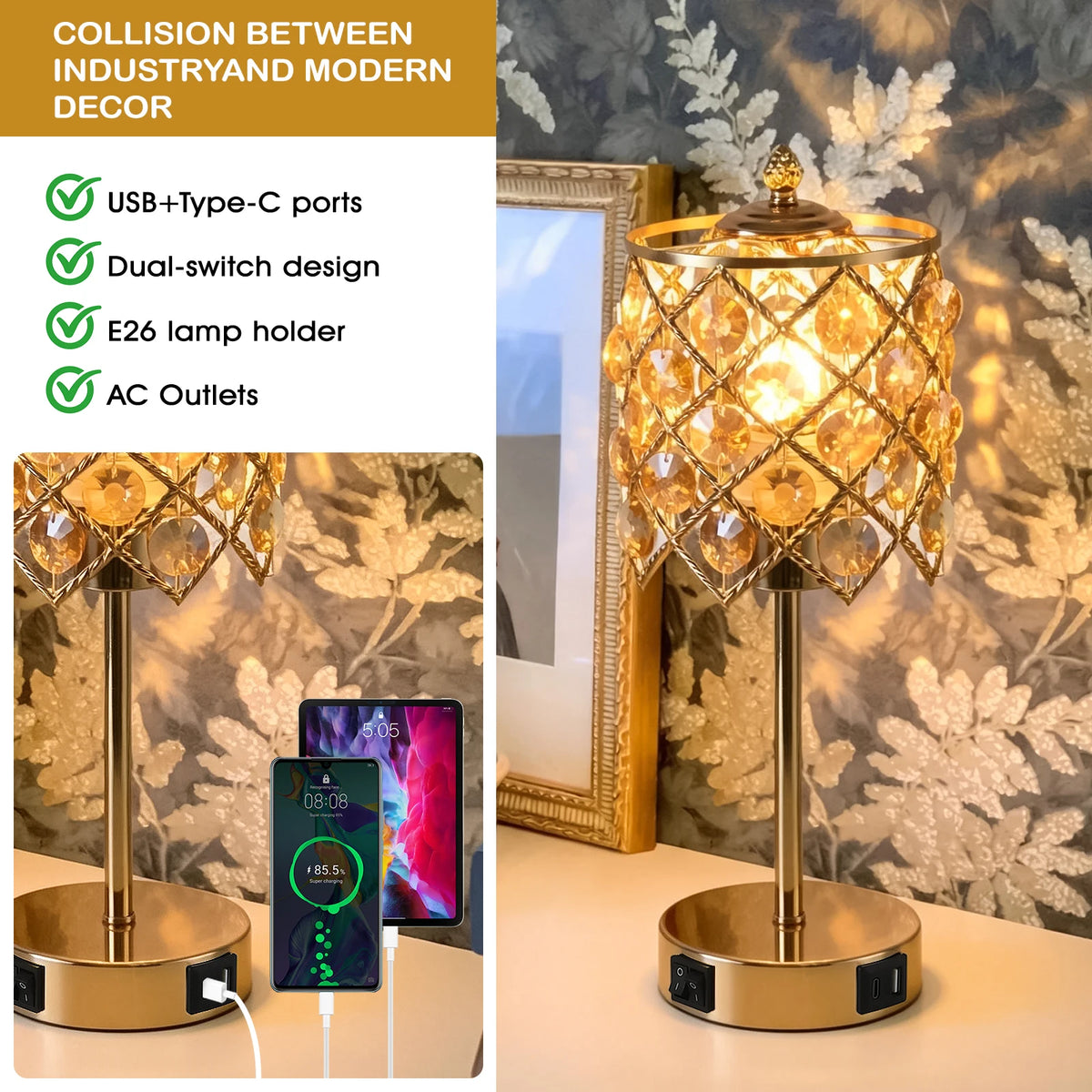 Luxury Crystal Table Lamp With USB Charging Port And AC Outlet