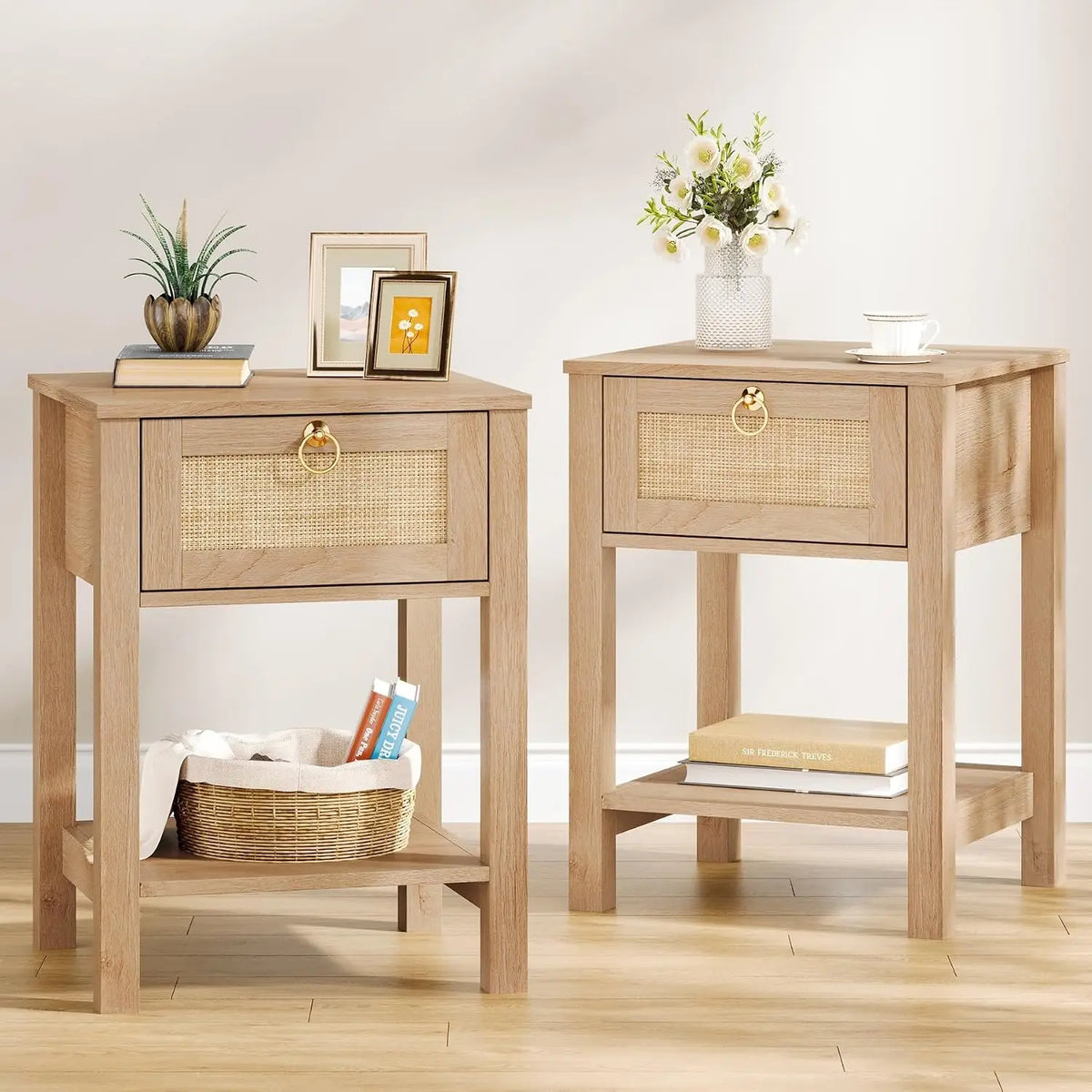 Modern Rattan Bedroom Nightstands With Drawers And Storage Shelf